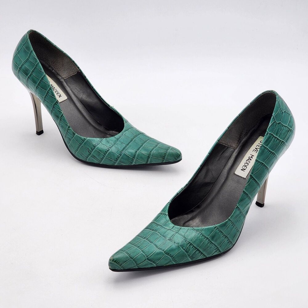 Steve Madden Y2K Baddie Croc Leather Pointed Toe Pumps Heels Green Size 8 RARE